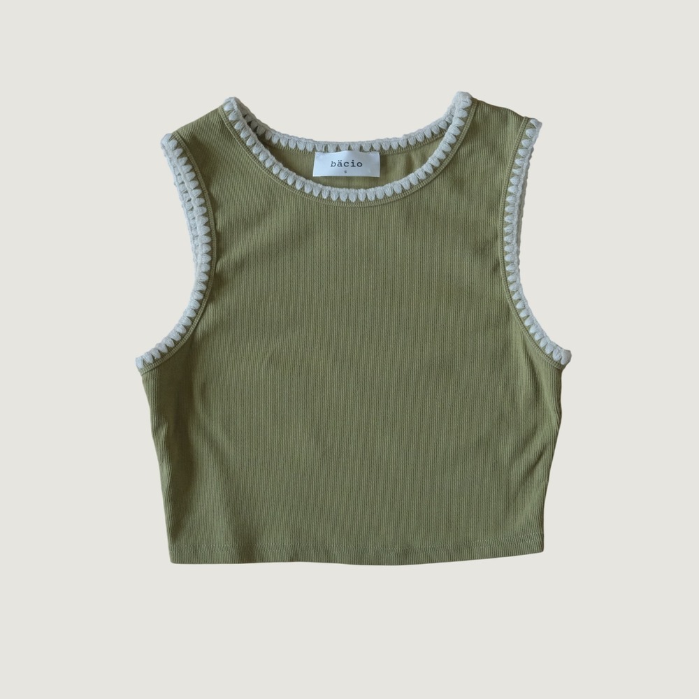Bacio Tank Top Women Green Crochet Trim‎ Ribbed Knit S Cottagecore Casual Boho
